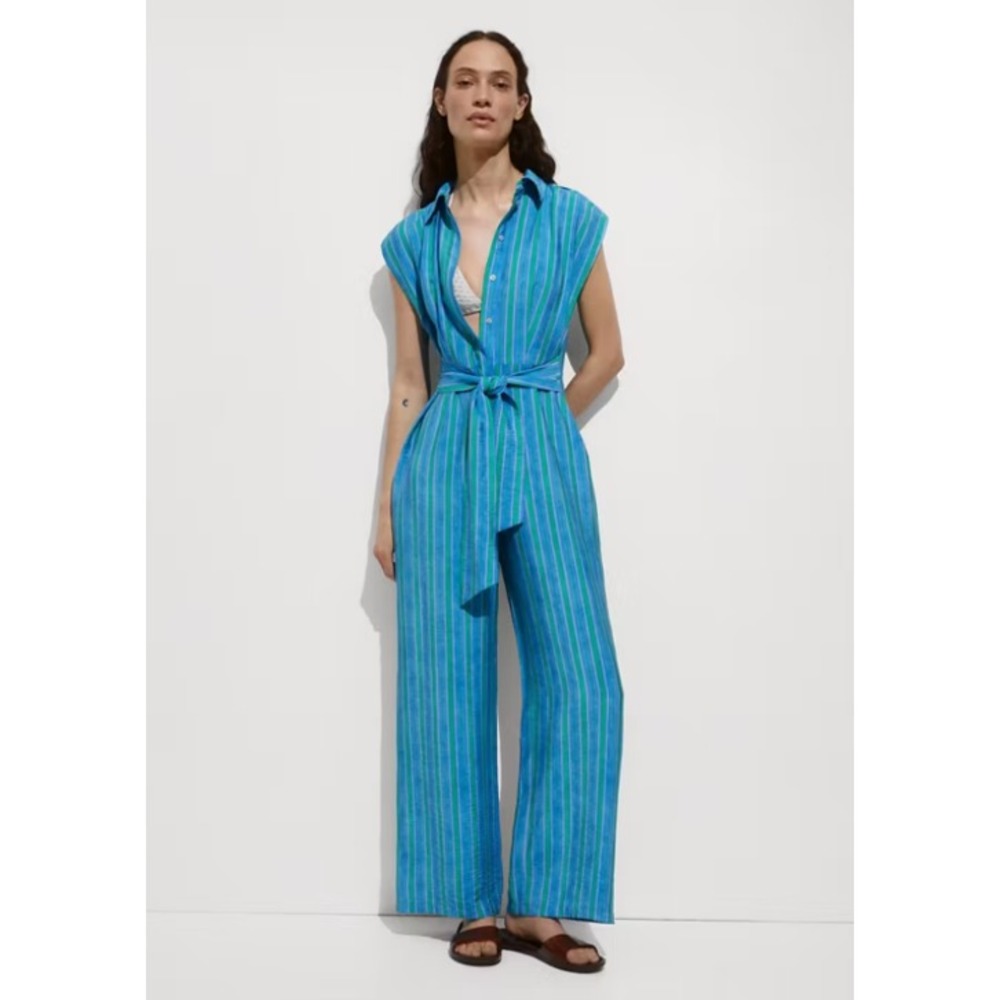 MNG Mango Womens Shirt Jumpsuit With Bow Blue Green Stripe Tie Waist Size 2XL